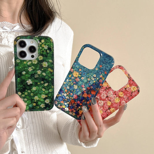 Korean INS Glitter Flowers Spring Vibe Case for iPhone 11–16 Pro Max Plus