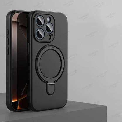 Magnetic Silicone Case with Kickstand Ring for iPhone 15 16 Pro Max Plus