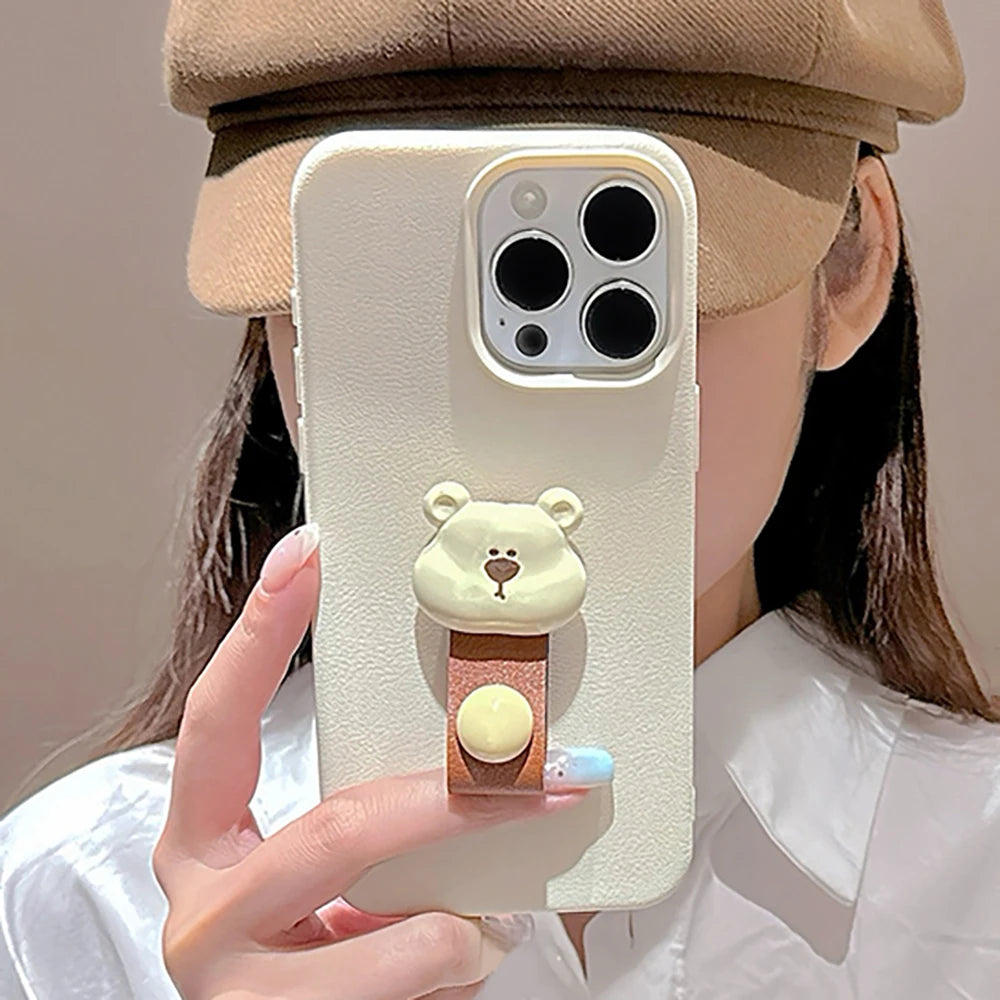 Korean 3D Bear Ring Holder Phone Case for iPhone 15 14 13 12 11 Pro Max