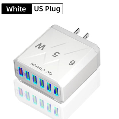 65W 6-Port USB Fast Charger QC3.0 Travel Adapter for iPhone Samsung Xiaomi
