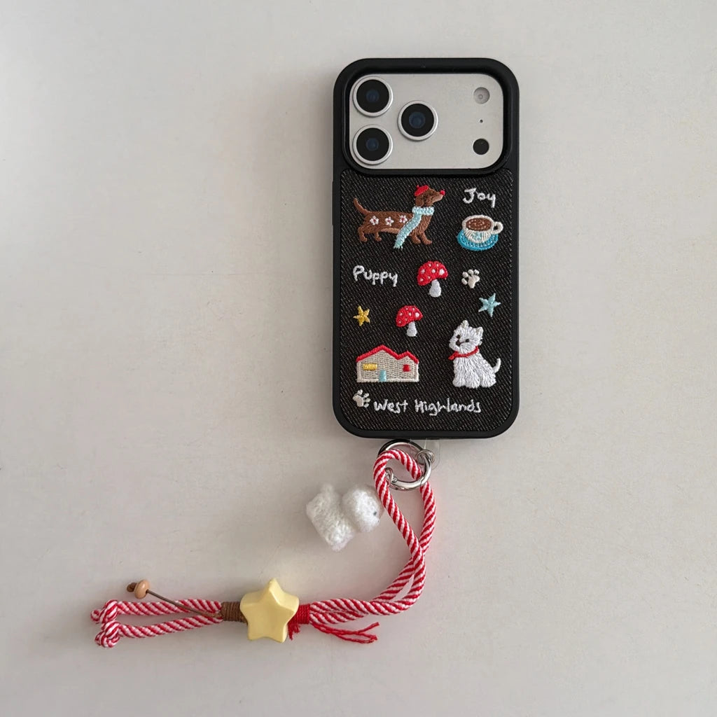 Cute Denim Embroidered Dachshund Phone Case with Lanyard for iPhone 17–14
