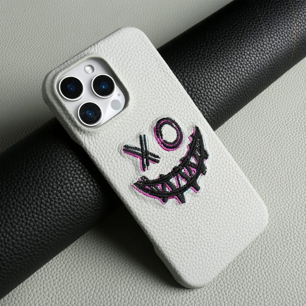 Stylish Embroidered Genuine Leather Case for iPhone 16 Pro Max to 11