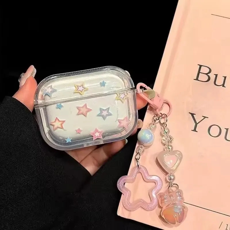 Color Stars Case for AirPods 4–1 & Pro 2 | Soft Cover with Heart Bead Pendant