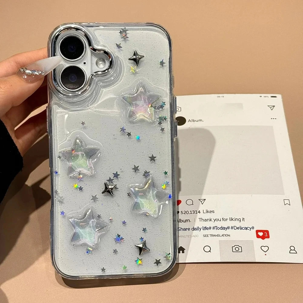 Korean Star Glitter Clear Case for iPhone 11–16 Pro Max – Lens Protective Cover