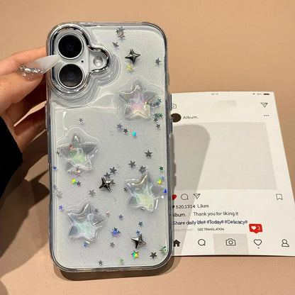 Korean Star Glitter Clear Case for iPhone 11–16 Pro Max – Lens Protective Cover