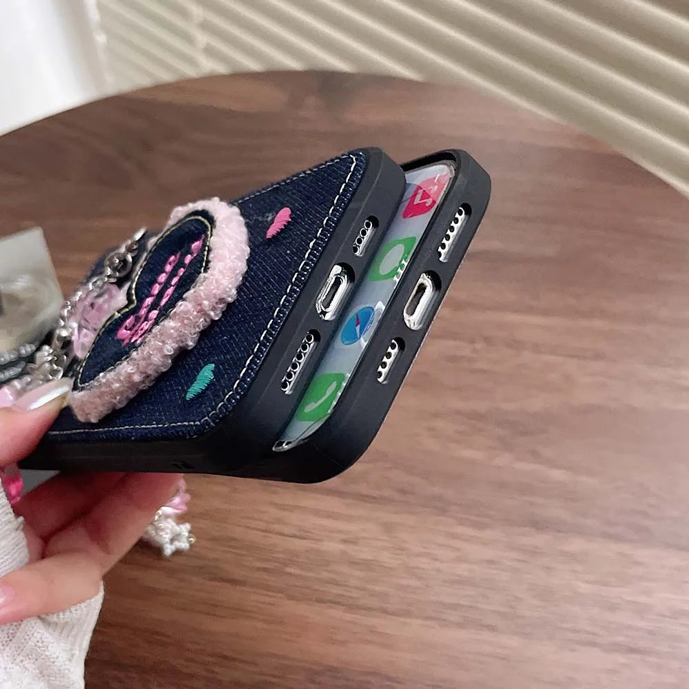 Denim Heart Pendant Case for iPhone 15 14 13 12 11 Pro Max Soft Bumper