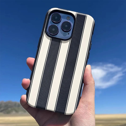 Retro Black & White Stripes 2-in-1 Tough Glossy Phone Case for iPhone 16–7 Plus XR