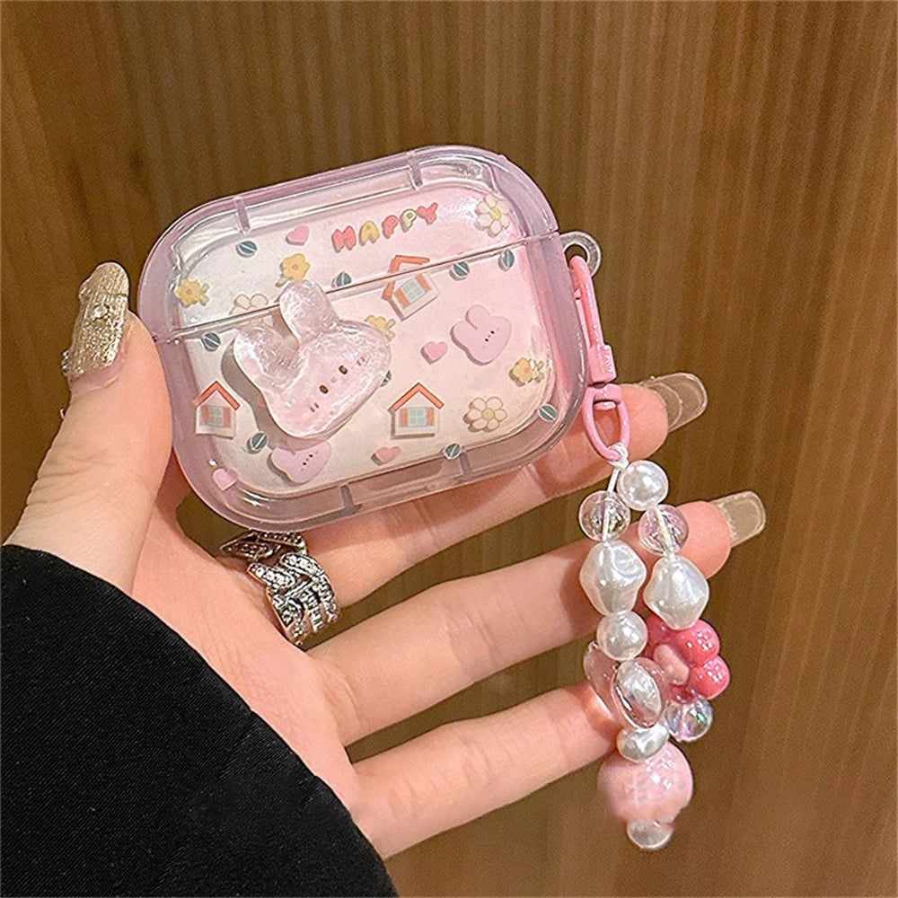 Cute 3D Rabbit Case with Heart Bead Pendant for AirPods 1 2 3 Pro 2 Soft Cover