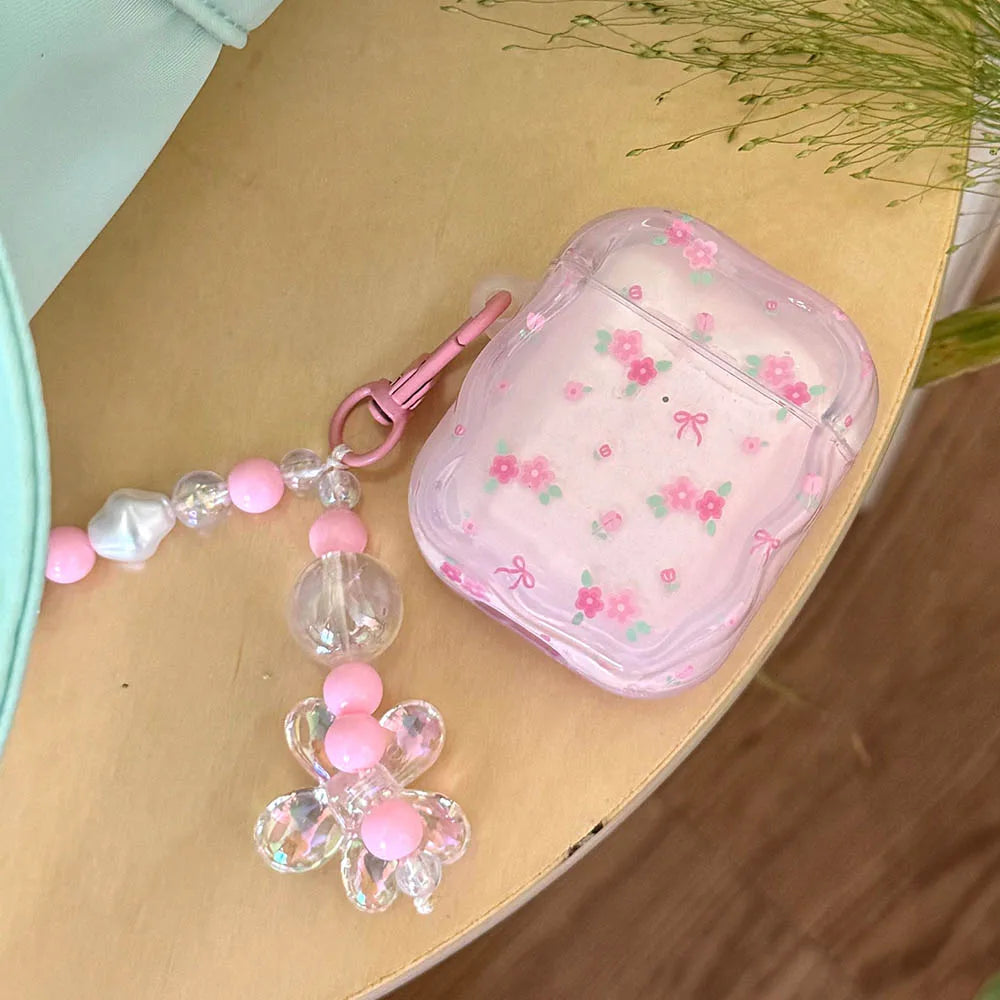 Cute Pink Flower AirPods Case with Pearl Keychain for Pro 1/2/3/4 Gen