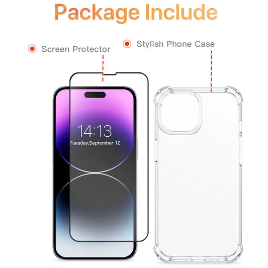 Clear Anti-Burst Phone Case with Tempered Glass for iPhone 14 13 12 11 XR XS