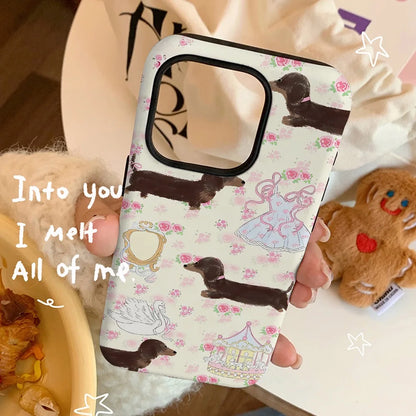 INS Floral Sausage Dog Case for iPhone 16 Pro Max 15 14 13 12 11 Pro Plus