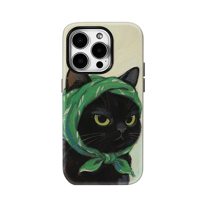 Black Cat Green Scarf Double-Layer Case for iPhone 17 16 15 14 13 12 Pro Max