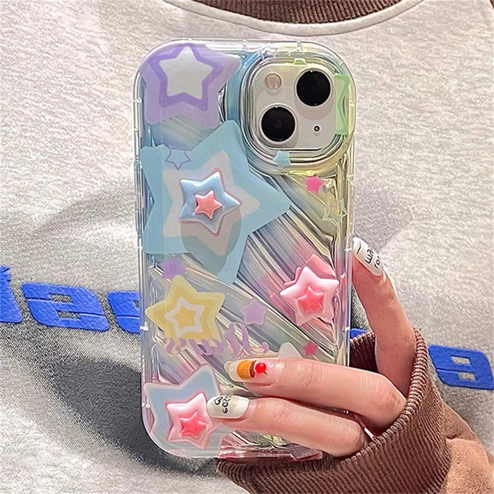 Korean Y2K 3D Star Clear Phone Case for iPhone 7–15 Pro Max – Soft & Cute
