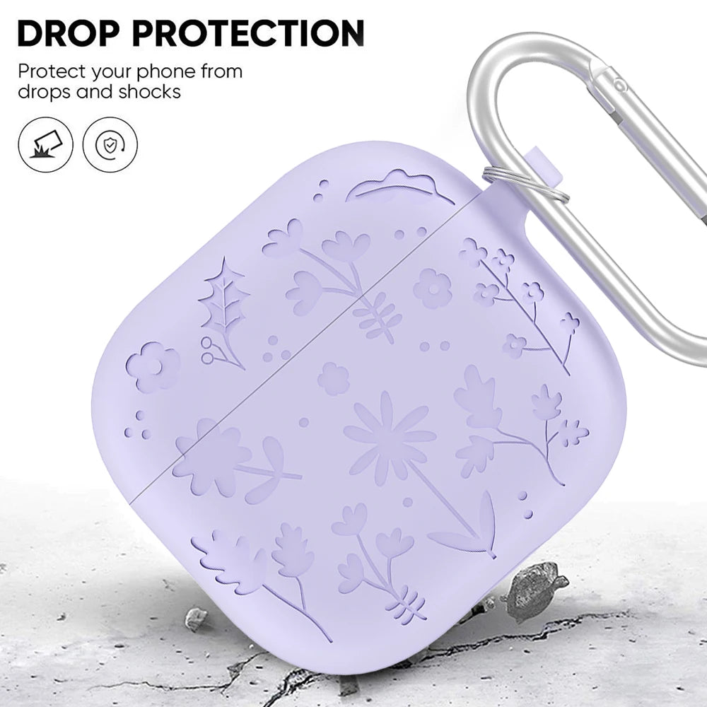 Creative Floral Engraved Silicone Case for AirPods 4 with Keychain