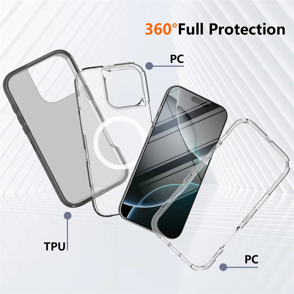 Luxury 3-Layer Magnetic Clear Armor Case for iPhone 12–16 Pro Max