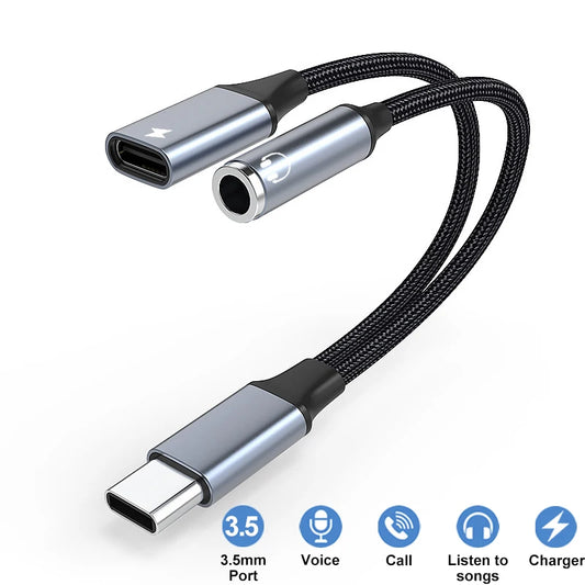2-in-1 Type-C to 3.5mm Audio Adapter PD 60W Fast Charging Cable for iPhone