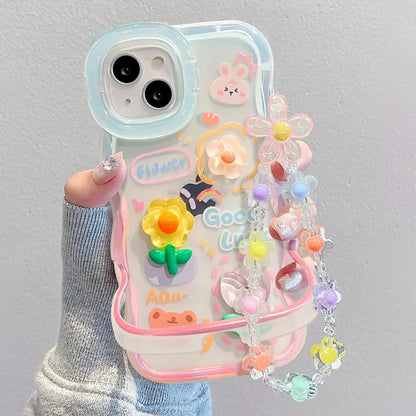 Flower Bracelet Chain Phone Case for iPhone 11–16 Pro Max – Frog & Rabbit Stand