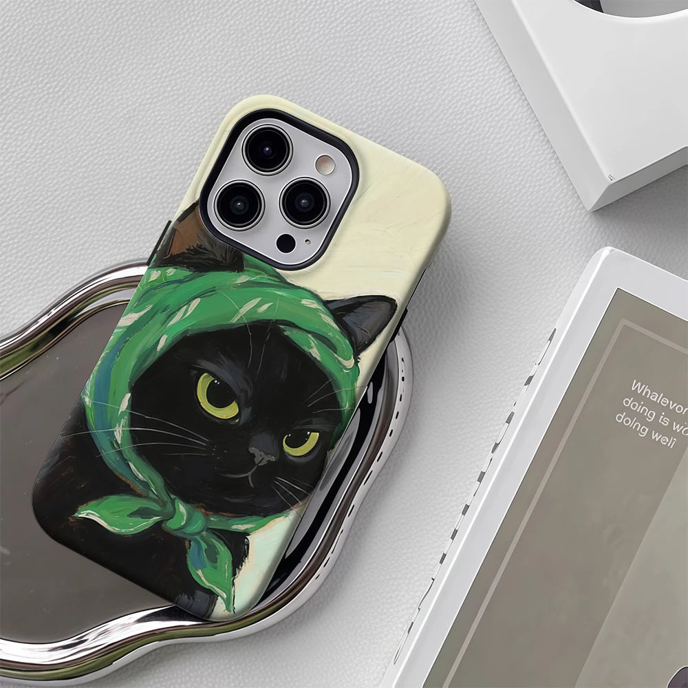 Black Cat Green Scarf Double-Layer Case for iPhone 17 16 15 14 13 12 Pro Max