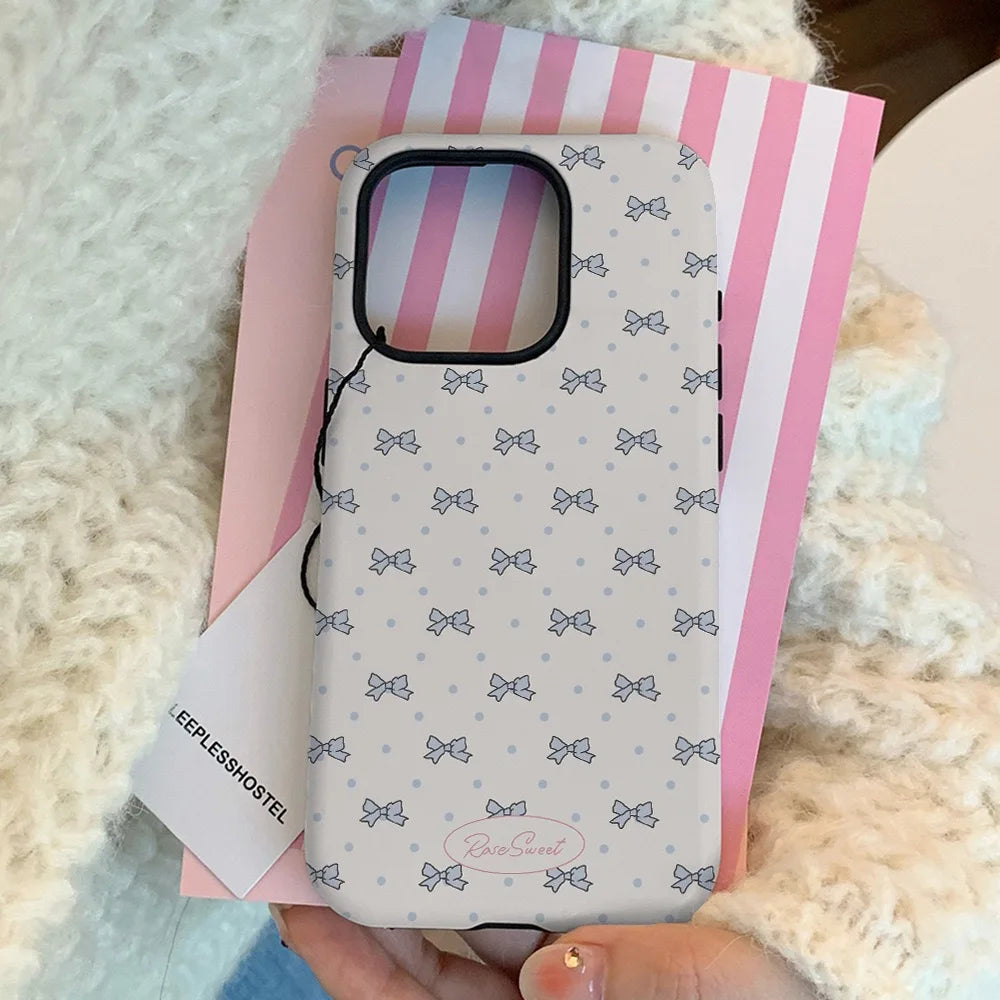 INS Korean Blue Bow Tie Case for iPhone 16 Pro Max 15 14 13 12 11 16 Plus