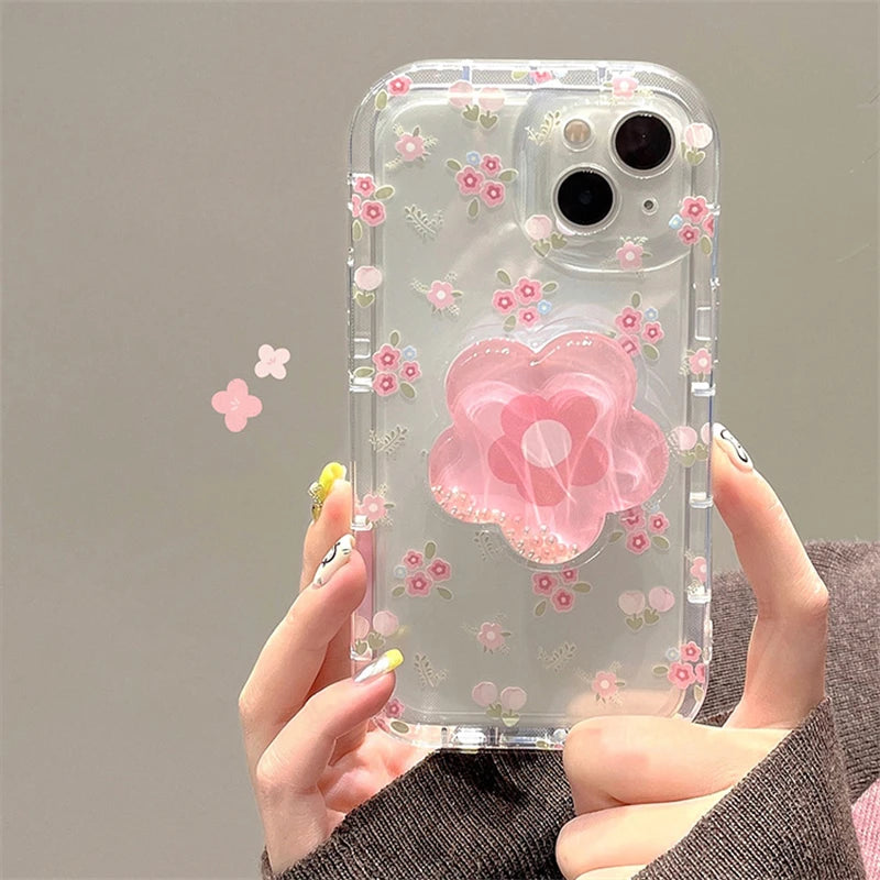 Quicksand Pink Flower Stand Case for iPhone 16 15 14 13 12 11 Pro Max