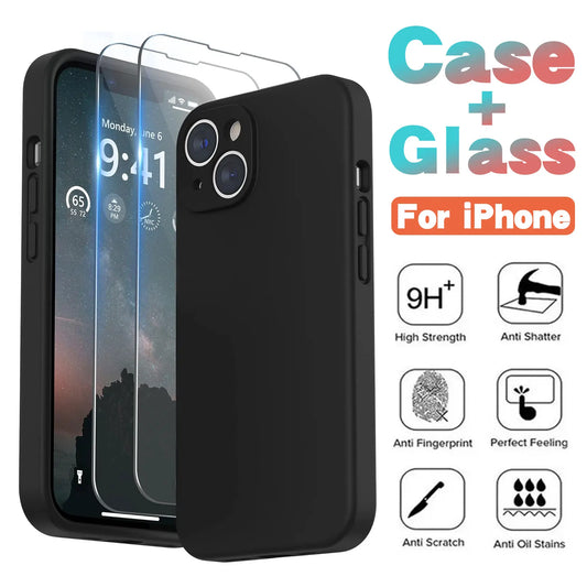 2PCS Tempered Glass + Shockproof Case for iPhone 15 14 13 12 11 Pro Max
