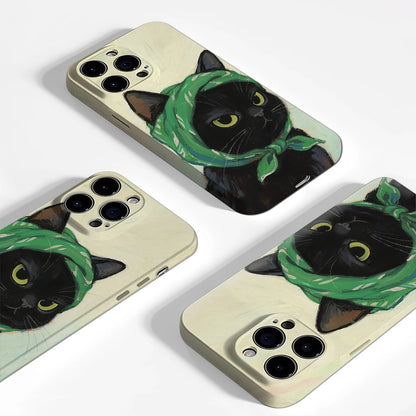 Black Cat Green Scarf Double-Layer Case for iPhone 17 16 15 14 13 12 Pro Max