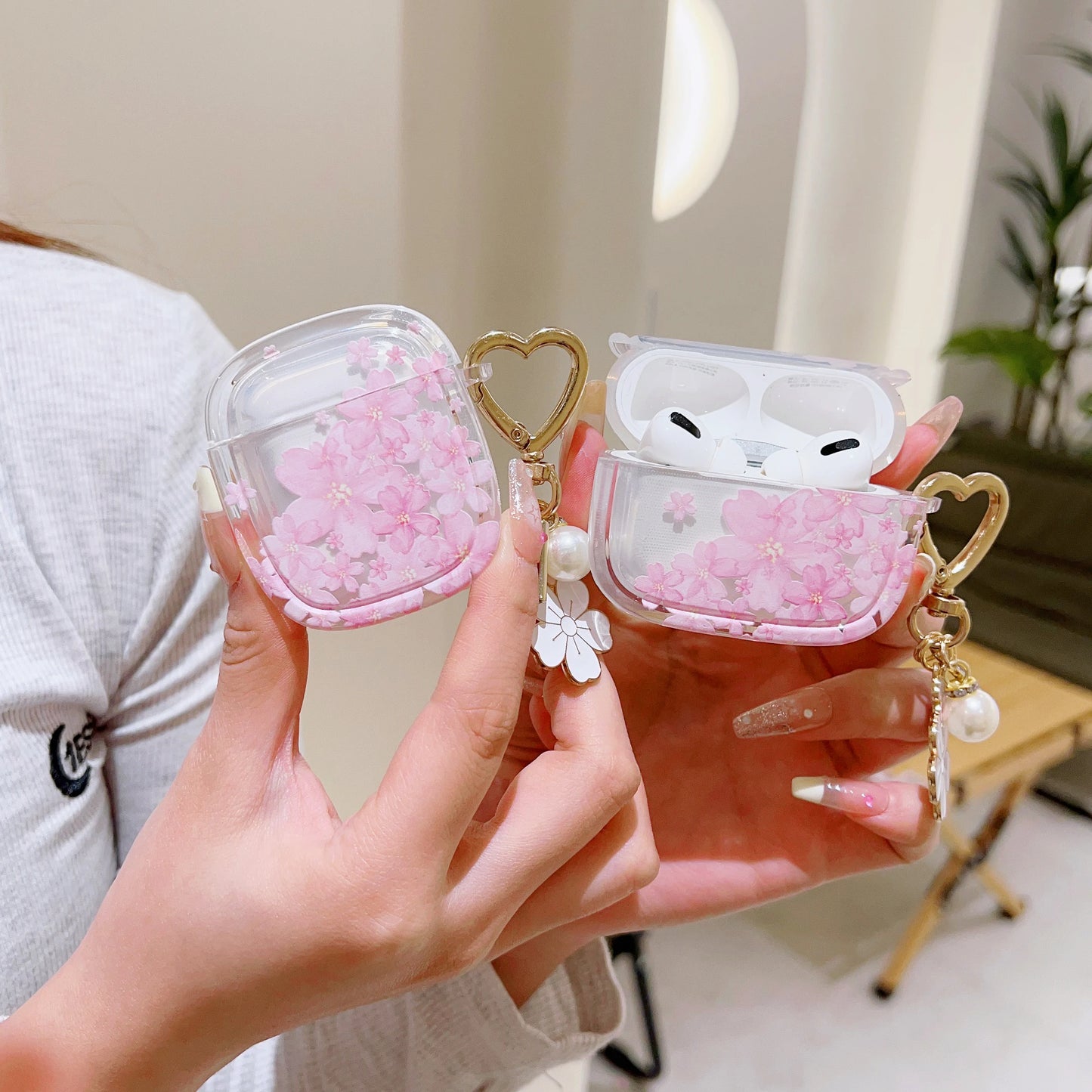 Pink Cherry Blossom Case for AirPods Pro 2/1/3 with Pearl & Butterfly Charm