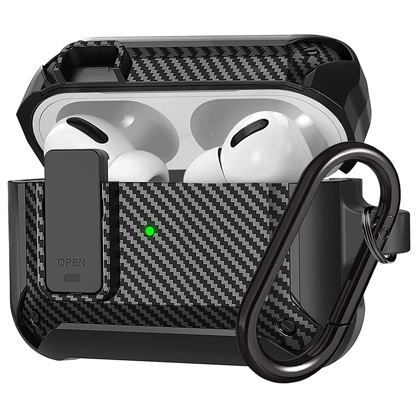 Carbon Fiber Hard Shell Case with Secure Lock Clip & Keychain for AirPods 1–3