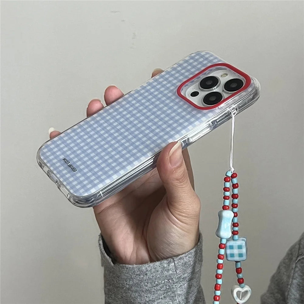 Korean INS Blue Checkered Grid Case with Contrasting Chain for iPhone 16–11 Series