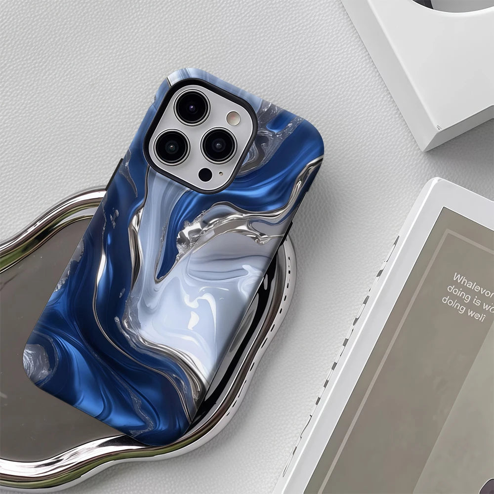 Blue and Silver Flow Texture Case for iPhone 17 16 15 14 13 12 Pro Max Plus