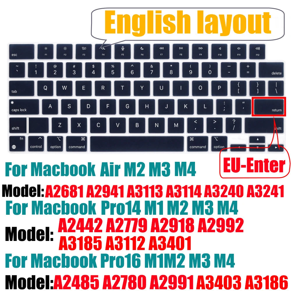 Keyboard Cover for MacBook Air/Pro M1 M2 M3 13.6" 14" 16" with Touch ID