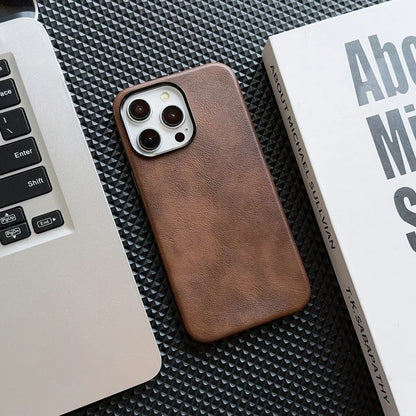 Luxury Vintage Leather Magnetic Case for iPhone 17–12 | Metal Frame Cover