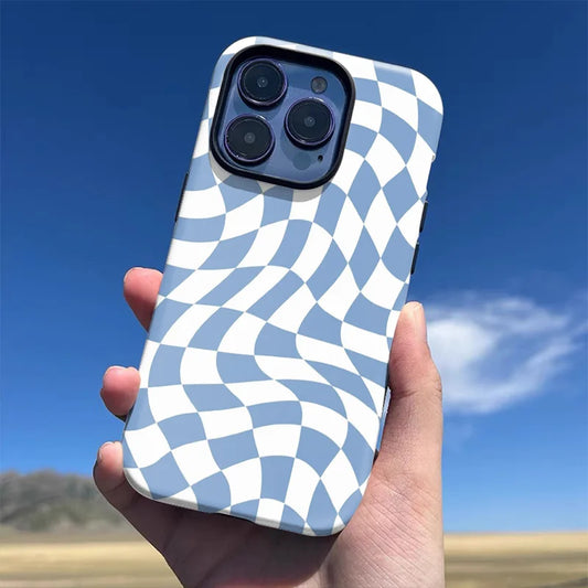 Luxury Blue Plaid Case for iPhone 16–7 Pro Max Fashion Double-Layer Cover
