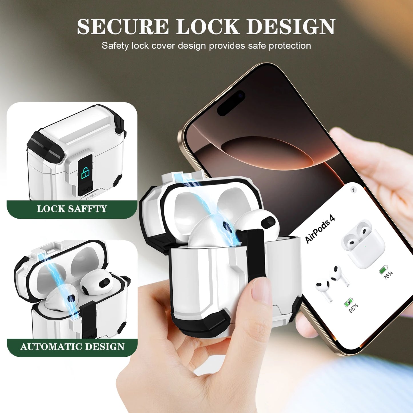 Secure Lock Shockproof Case for AirPods 1/2/3/4 Pro with Hook & Holder