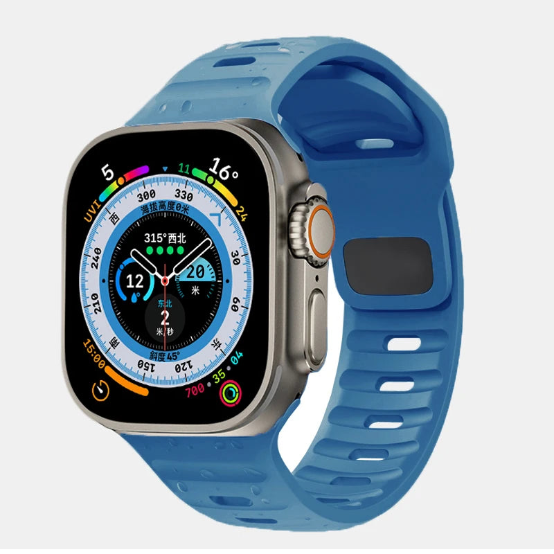 Durable and comfortable silicone strap compatible with Apple Watch Series 5–9 & Ultra.