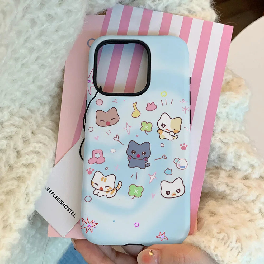 Korean INS Blue Gradient Music Cat Case for iPhone 16 Pro Max 14 13 11 X