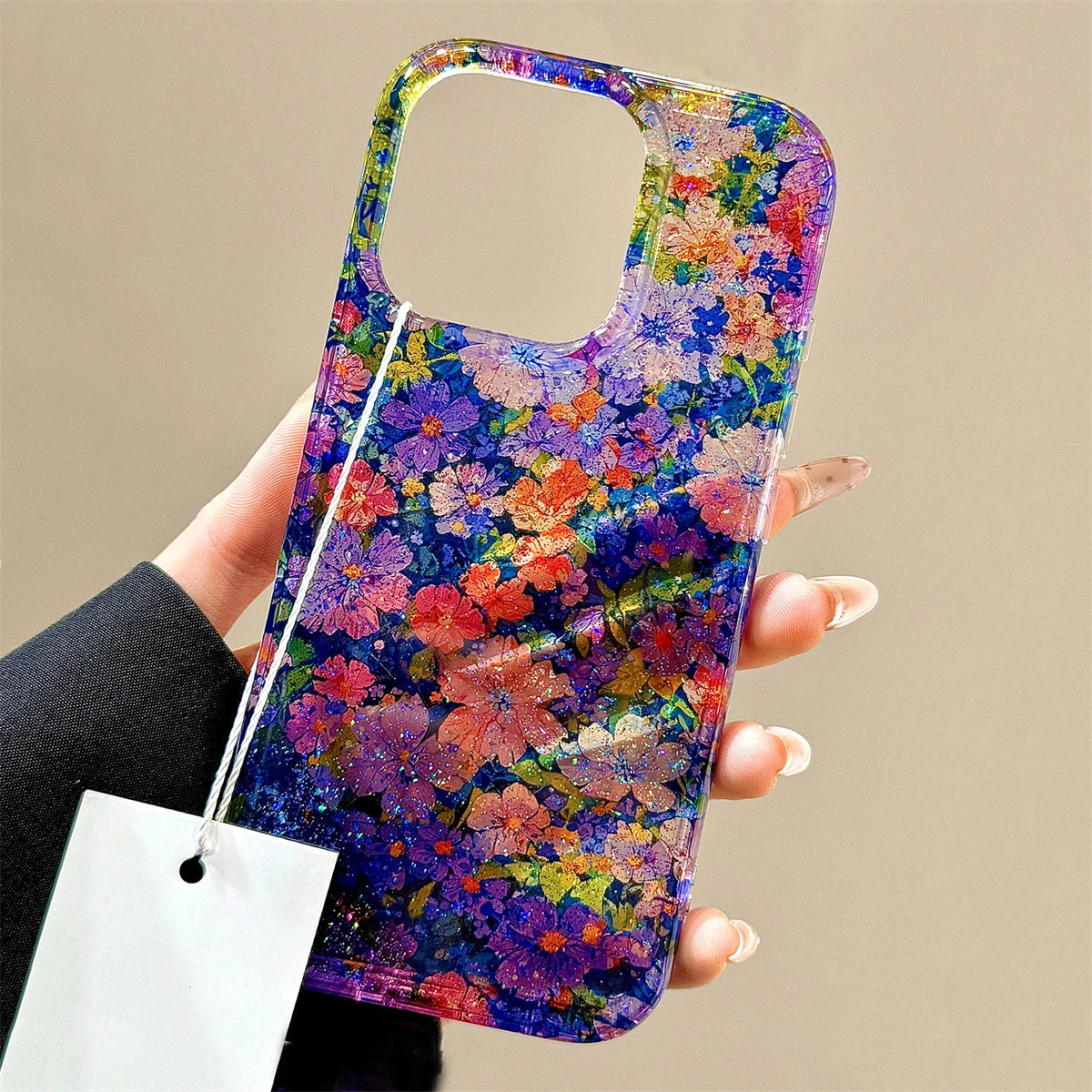 Retro Floral Oil Painting Phone Case for iPhone 16, 15, 14, 13 Pro Max, Sequins