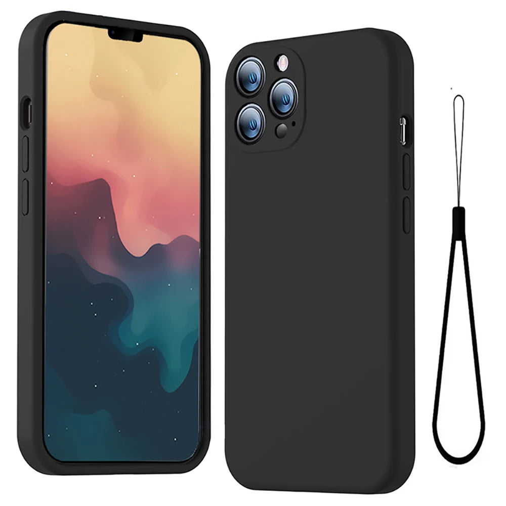 Black Lanyard Phone Case for iPhone 6–15 Pro Max – Shockproof Silicone