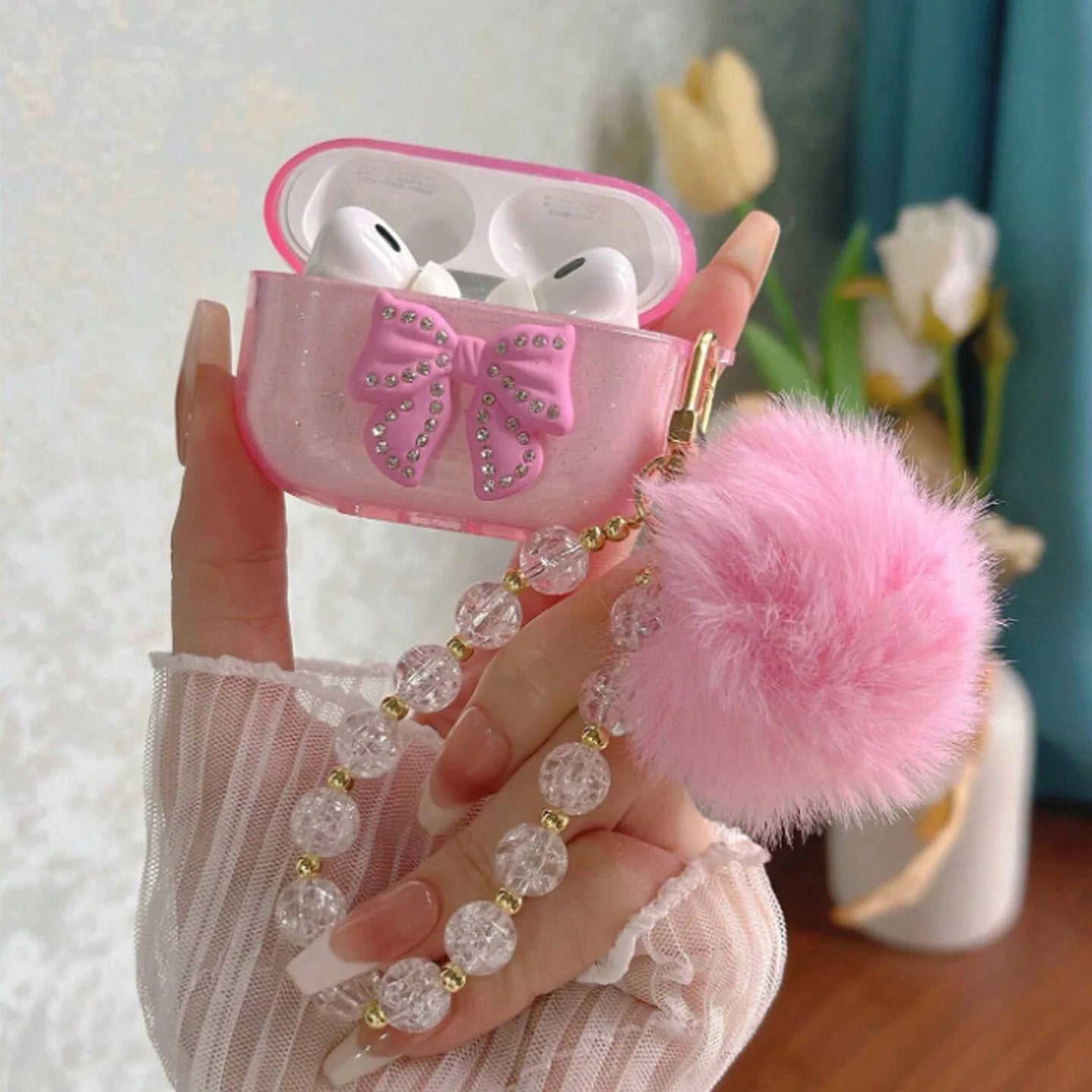 Glitter Bow TPU Case for AirPods Pro/Pro 2/3/4 with Crystal Pendant