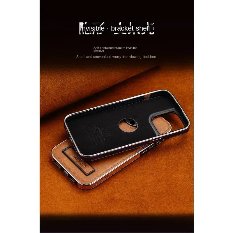 Invisible Fold Stand Leather Case for iPhone 16–11 Pro Max with Gold Bezel