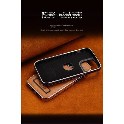 Invisible Fold Stand Leather Case for iPhone 16–11 Pro Max with Gold Bezel
