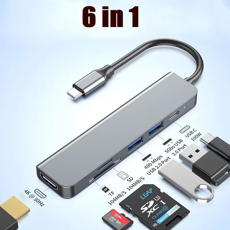 6-in-1 USB-C Hub with 4K HDMI, PD Fast Charge, USB 3.0/2.0 for MacBook iPad