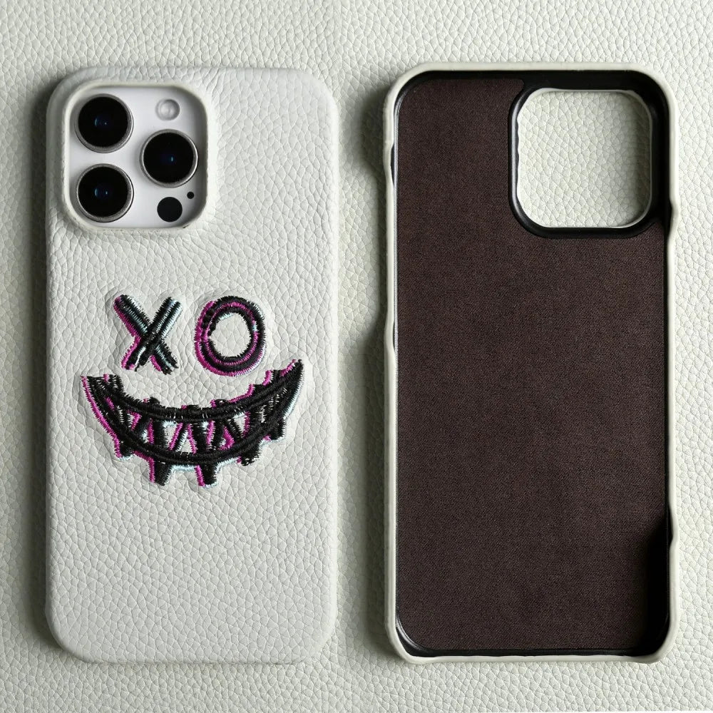 Stylish Embroidered Genuine Leather Case for iPhone 16 Pro Max to 11