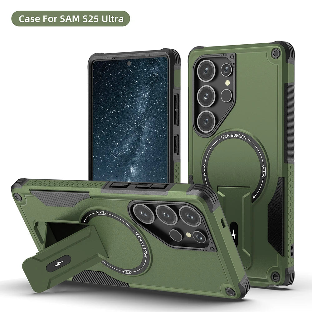 Foldable Magnetic Armor Case for Samsung S25 Ultra/S24 Plus with Stand & Wireless