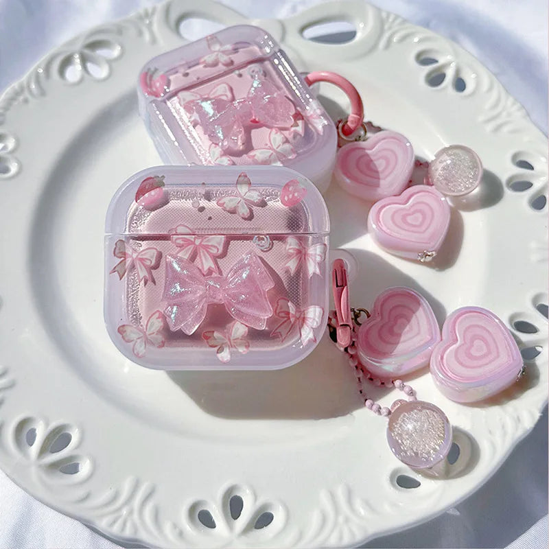 Crystal Butterfly Pink Case for AirPods 4 2 3 Pro 2 with Keyring Earphone Funda