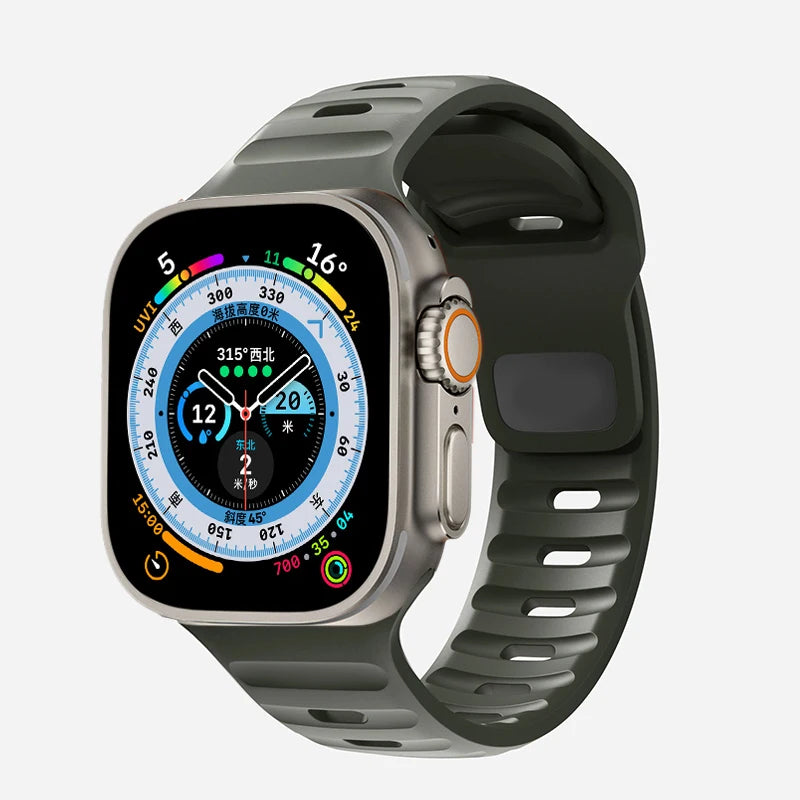 Durable and comfortable silicone strap compatible with Apple Watch Series 5–9 & Ultra.