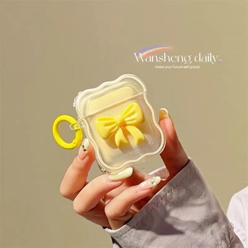 3D Bow Wave Pink Floral Case with Keychain for AirPods 1 2 3 4 Pro Wireless