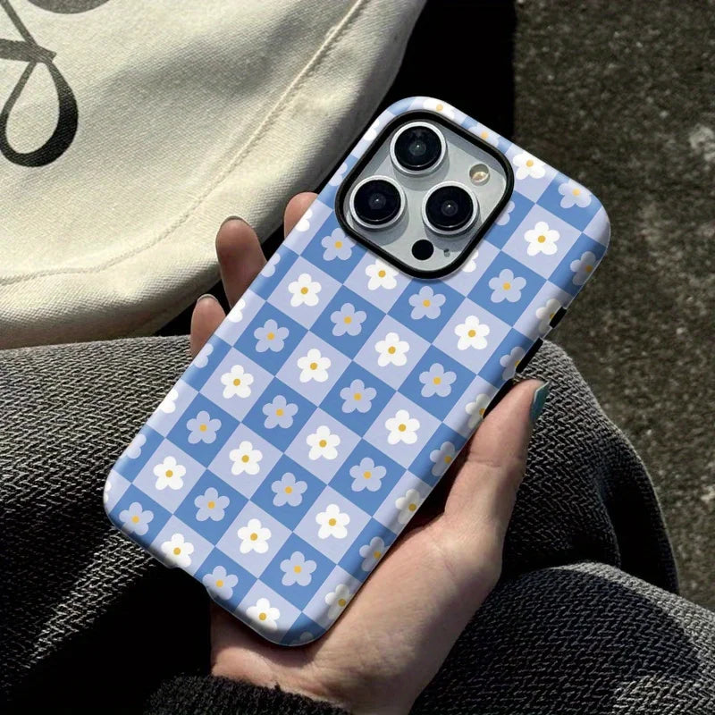 Luxury Plaid Flower Case for iPhone 16–7 Pro Max Double-Layer Cover