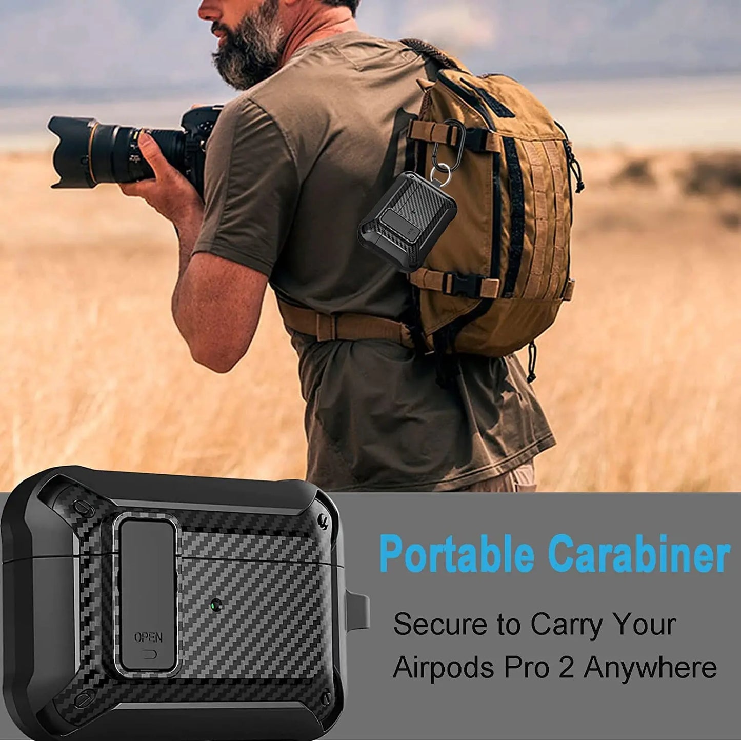 Carbon Fiber Hard Shell Case with Secure Lock Clip & Keychain for AirPods 1–3