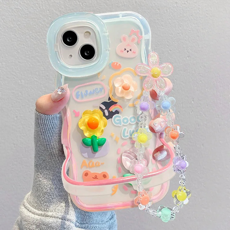 Flower Bracelet Chain Phone Case for iPhone 11–16 Pro Max – Frog & Rabbit Stand